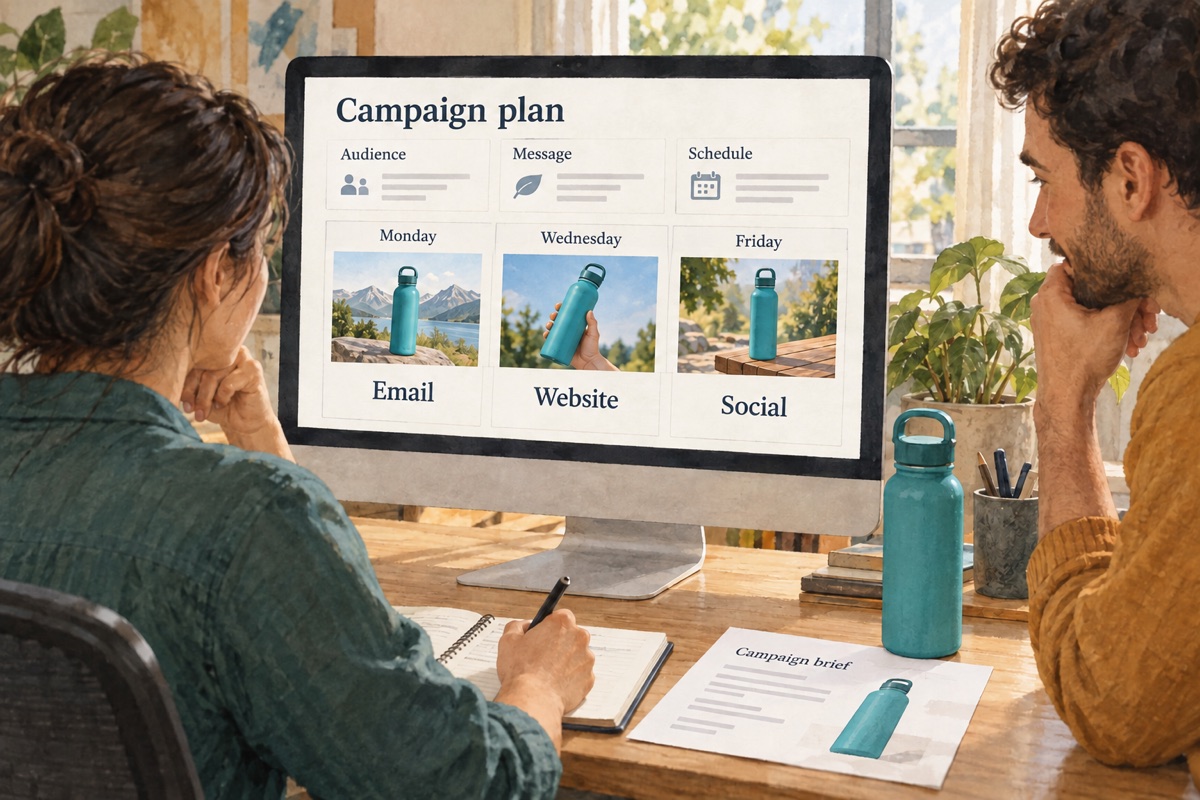 Illustration: Two planners review a campaign for the same bottle shown on their desk, with email, website and social posts scheduled for three days.