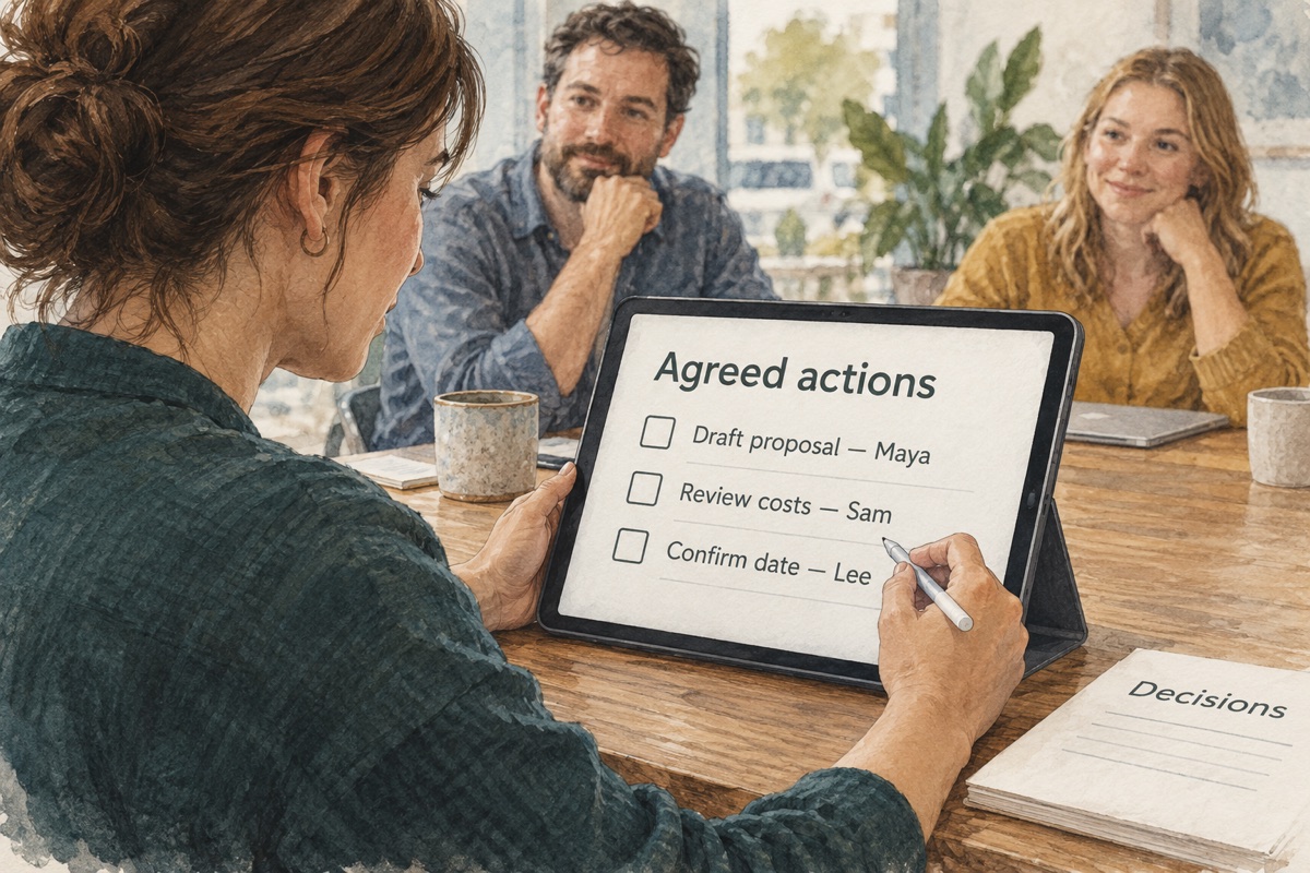 Illustration: Colleagues review an agreed action list with named owners on a tablet.