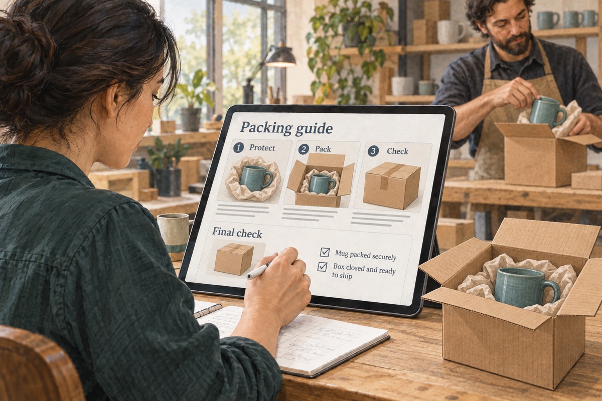 Illustration: A specialist documents mug packing in a tablet guide; the mug, box and packing stages match the physical demonstration.