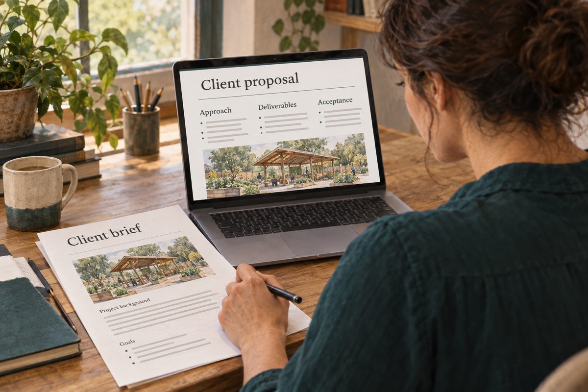 Illustration: A consultant compares a client brief with a proposal on her laptop.