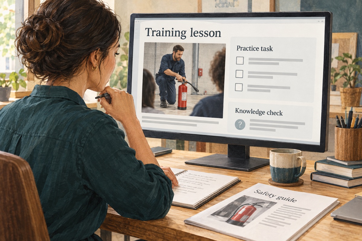 Illustration: A training designer develops a lesson and practice material from a safety guide on a monitor.